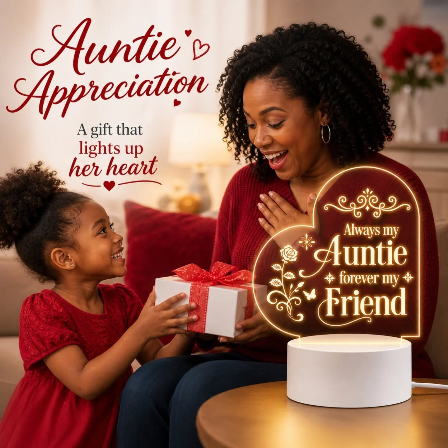 Always My Auntie, Forever My Friend Engraved LED Night Heart Light – view 1