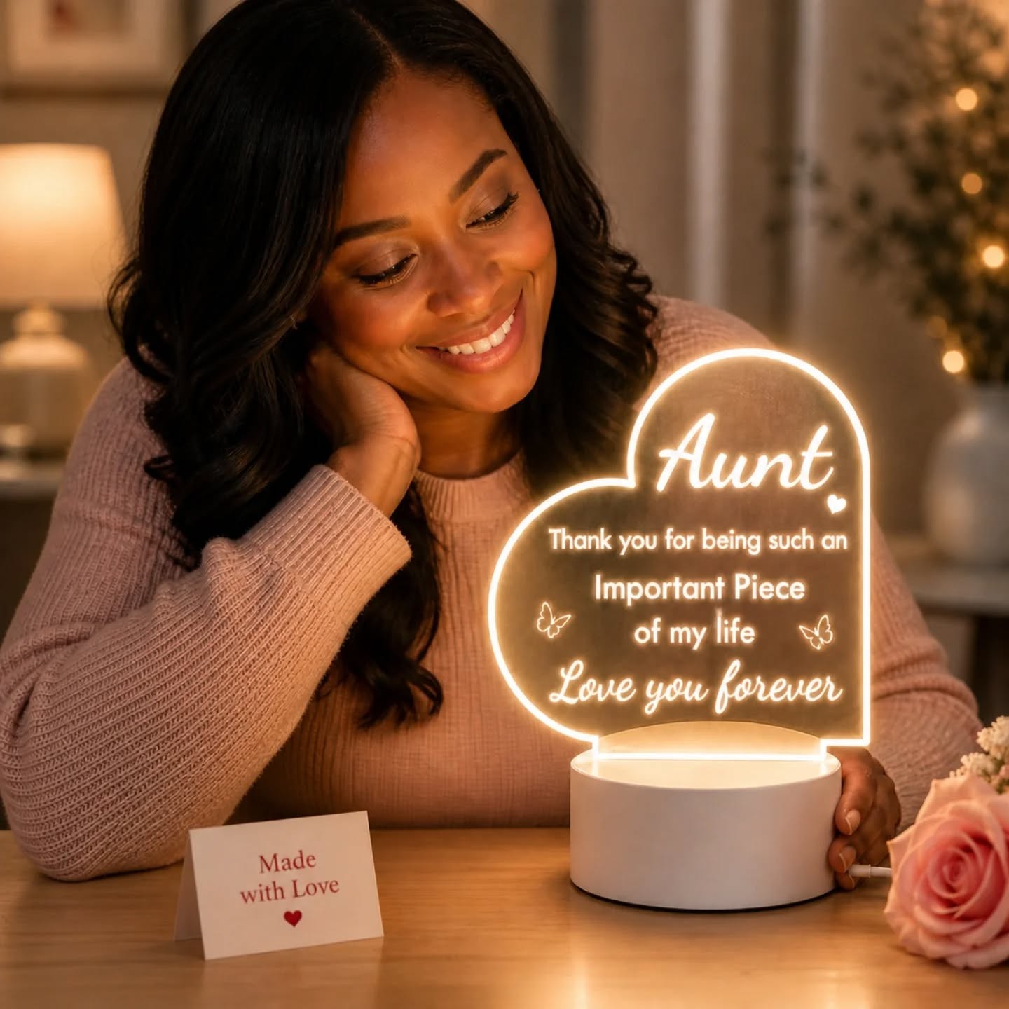 Aunt, Thank You, Love You Forever, Engraved LED Night Heart Light – view 1