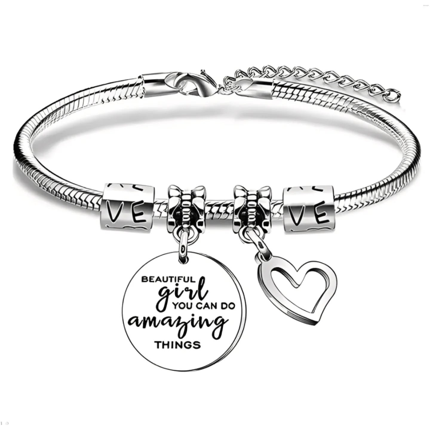 Beautiful Girl You Can Do Amazing Things Mantra/Affirmation Stainless Steel Motivational Bracelet With Heart Charm – view 1