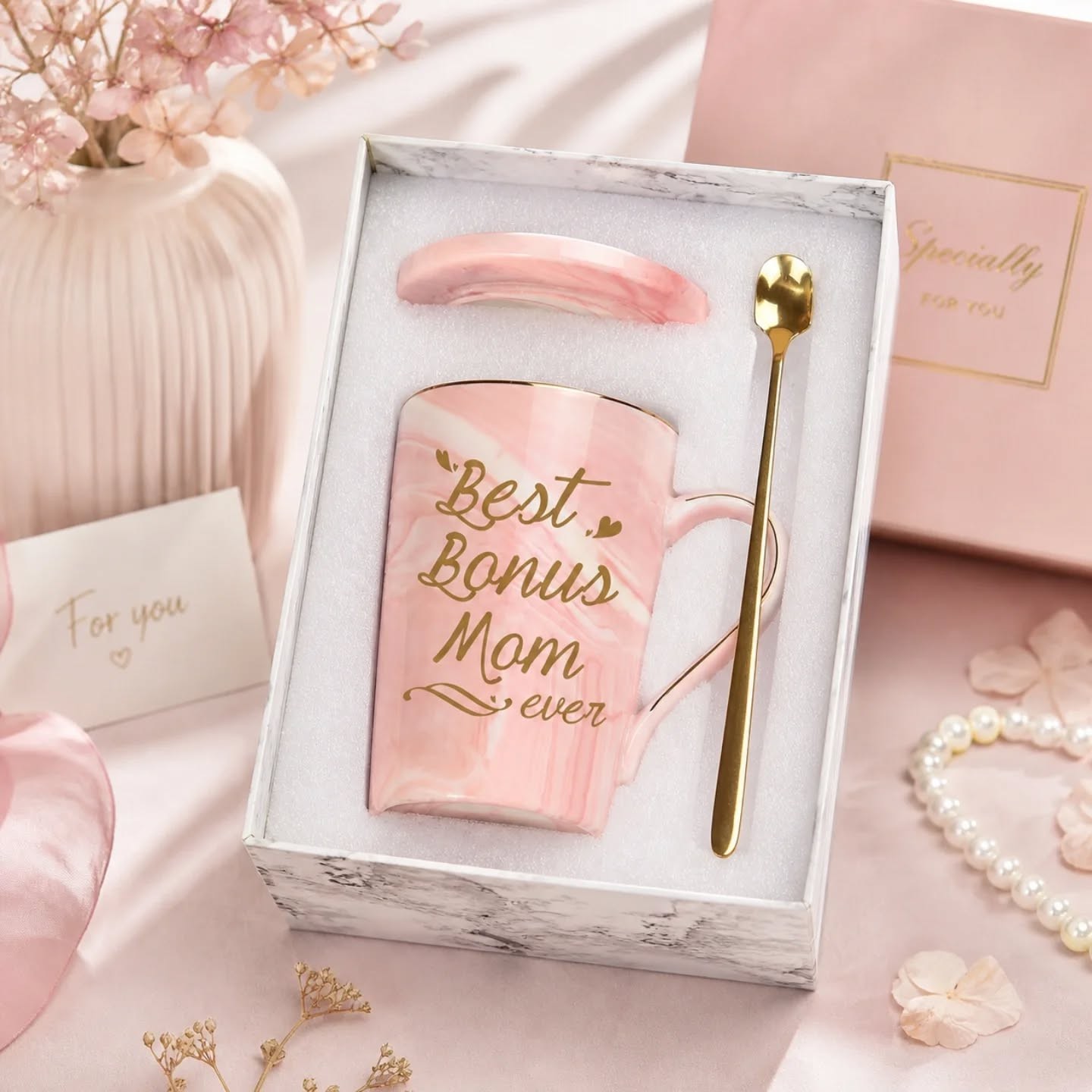 Best Bonus Mom Marble Pink & Gold Large Capacity 14oz Mug & Coaster With Gold Spoon Gift Set – view 1
