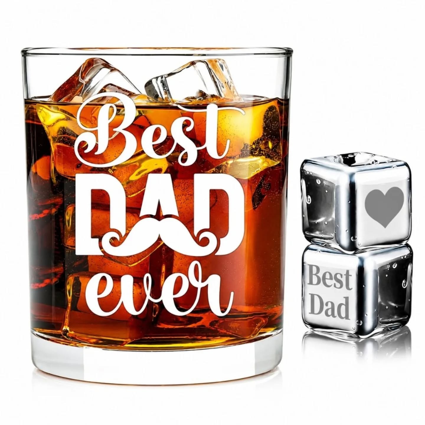 Best Dad Ever Whiskey Glass (11oz) & Stainless Steel Ice Cubes Gift Set – view 1