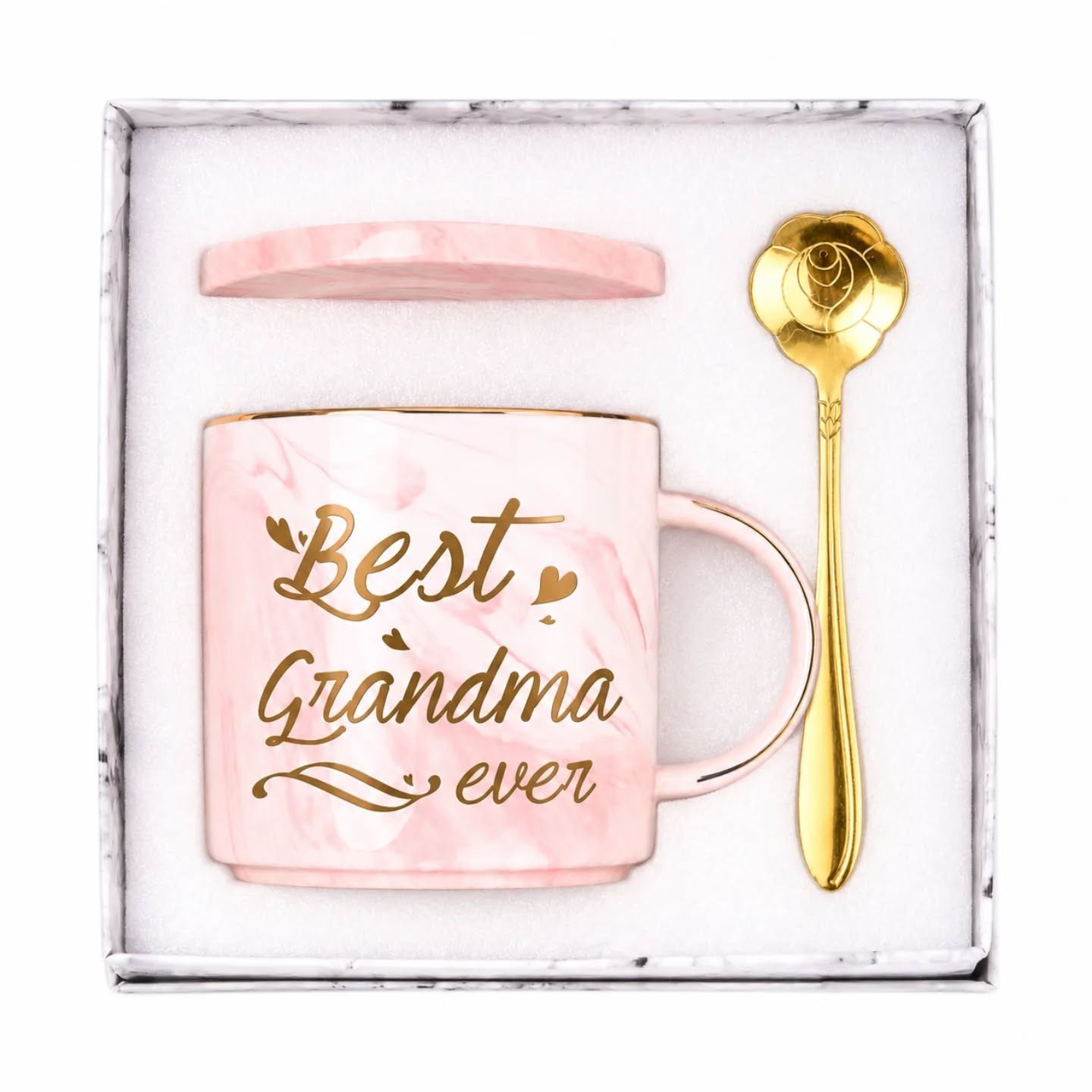 Best Grandma Ever Marble Pink & Gold 12oz Mug & Coaster With Gold Flower Spoon Gift Set – view 1