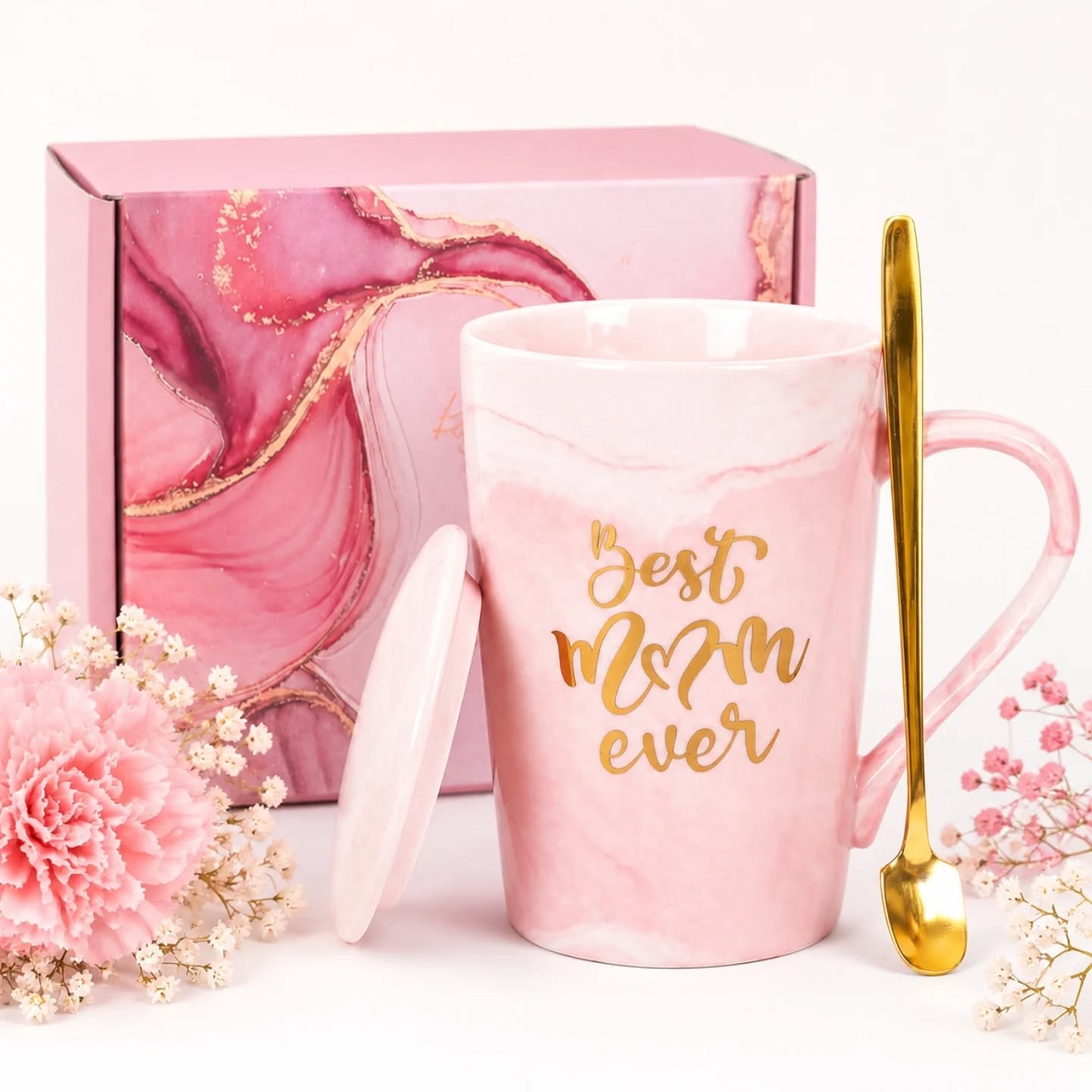 Best Mom Ever Mug Pink & Gold Large Capacity 14oz Mug & Coaster With Gold Spoon Gift Set – view 1