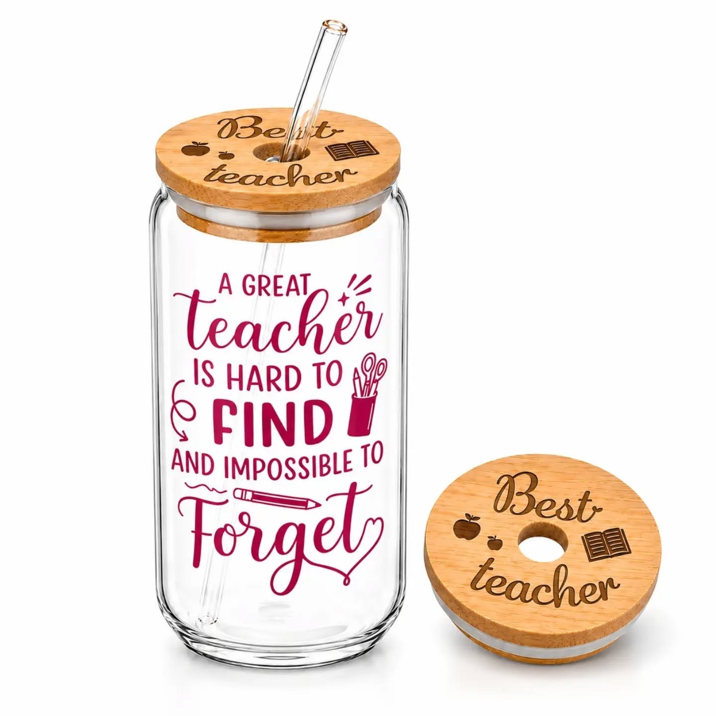Best Teacher, A Great Teacher Is Hard To Find & Impossible To Forget Glass Travel Tumbler With Bamboo Lid (16oz) WIth Glass Straw & Straw Cleaner – view 1