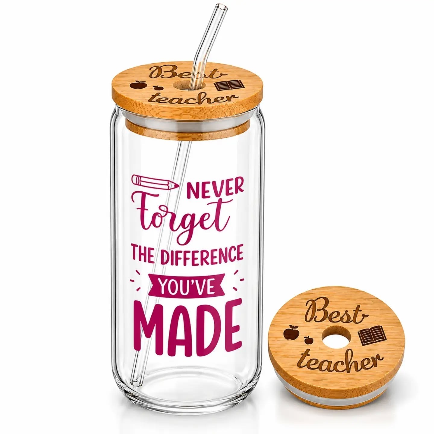 Best Teacher, Never Forget The Difference You've Made Glass Travel Tumbler With Bamboo Lid (16oz) WIth Glass Straw & Straw Cleaner – view 1