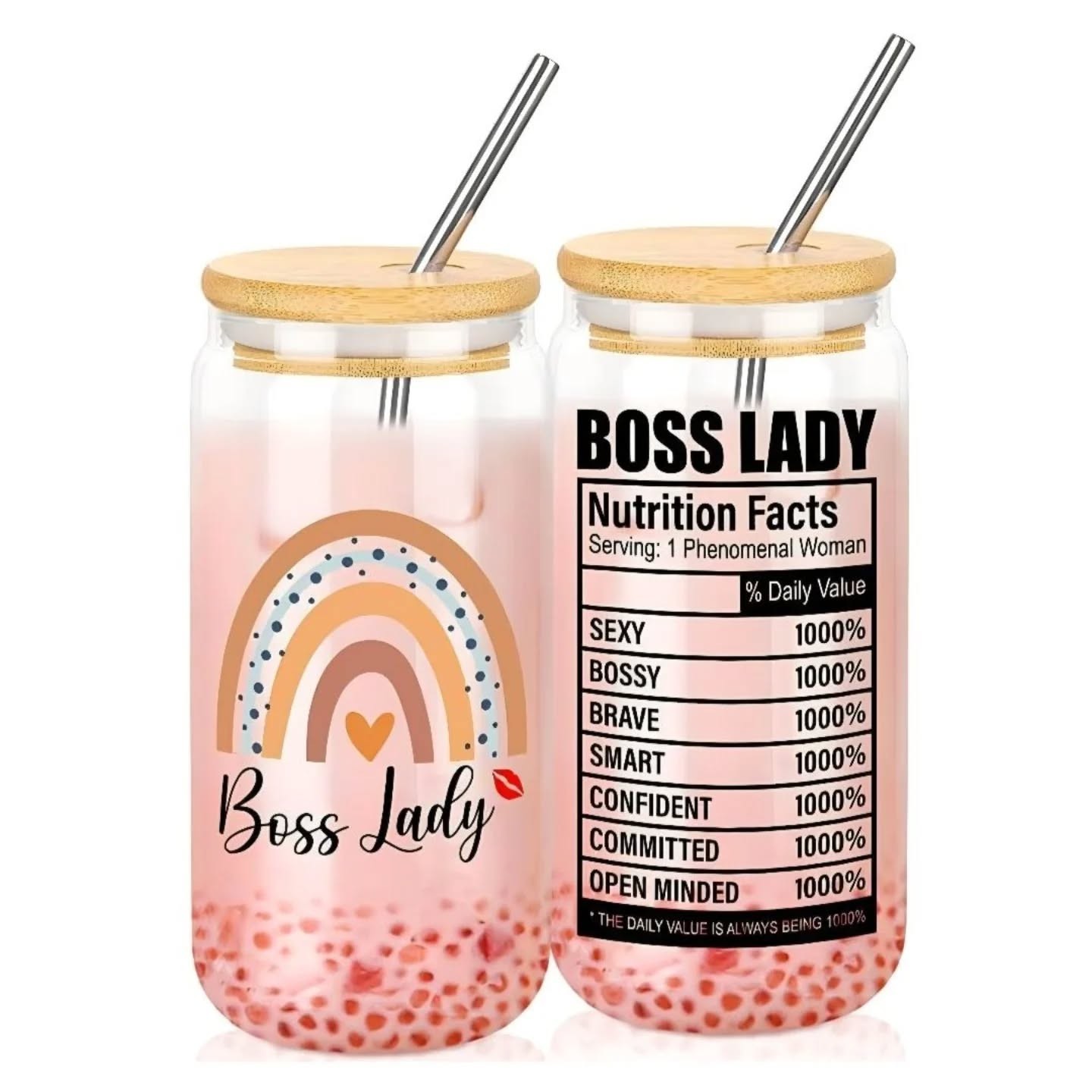 Boss Lady Personality Nutrition Facts Glass Travel Can With Bamboo Lid (16oz) – view 1