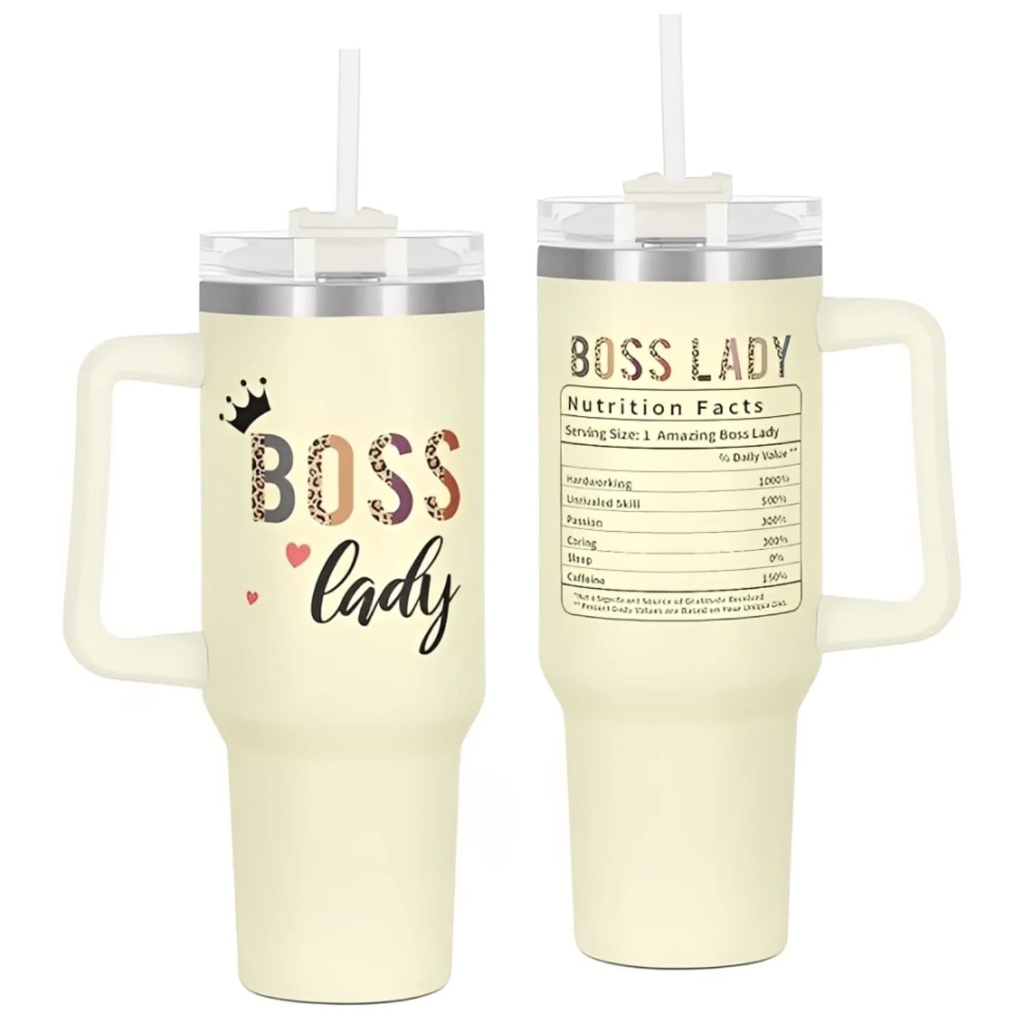 Boss Lady, Personality Nutritional Facts Stainless Steel Travel Cup (40oz) – Leopard – view 1