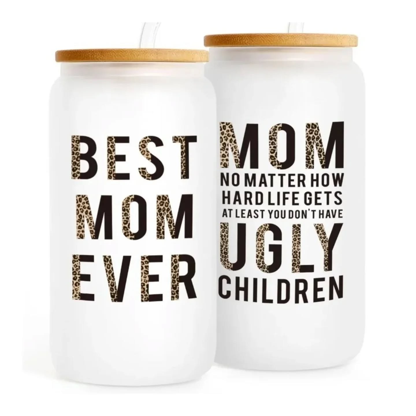 Cheetah Print Best Mom Ever Glass Travel Can With Bamboo Lid – view 1