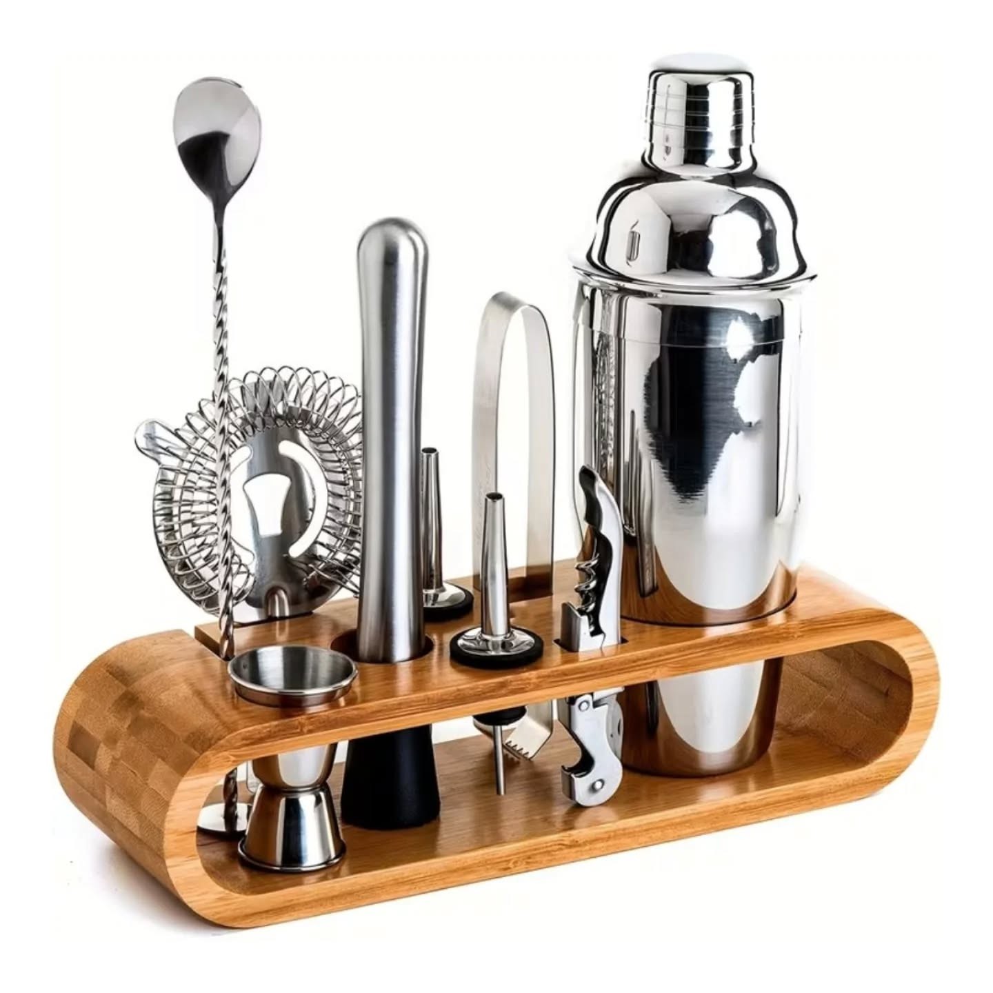 Cocktail Shaker Set, Stainless Steel Bartender Kit with Bamboo Stand – view 1