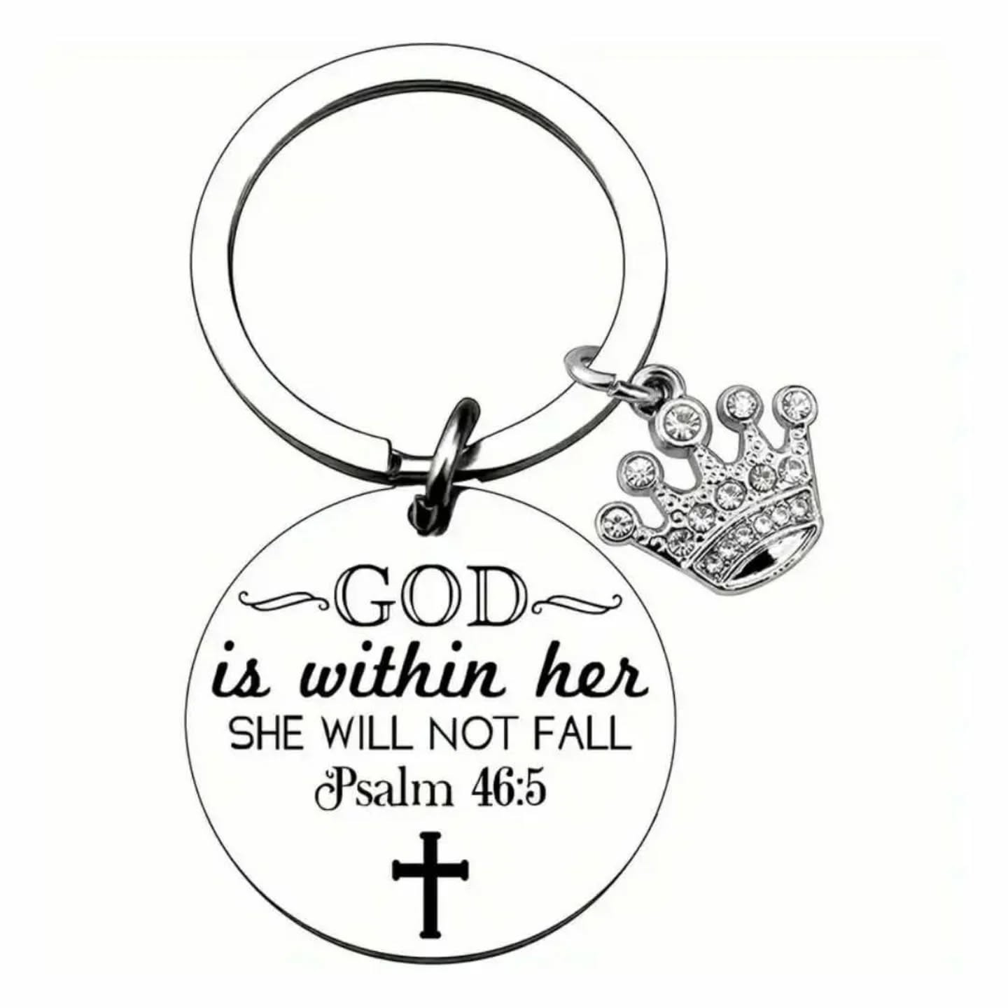 Crown, God is Within Her She Cannot Fail Stainless Steel Motivational Keychain – view 1