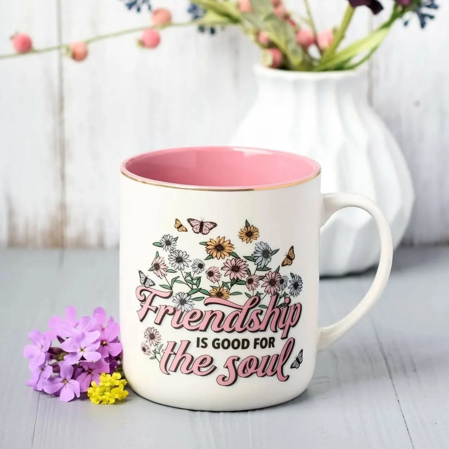 Friendship is Good for the Soul White Daisy Ceramic Coffee Mug – view 1