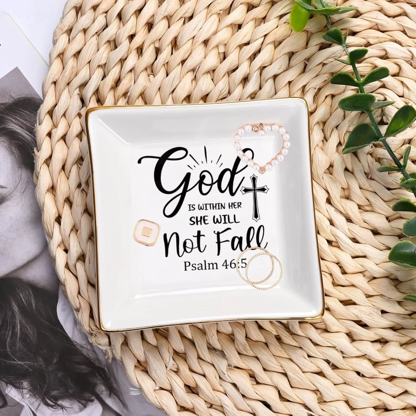 God Is In Her She Will Not Fall Ivory & Gold Ceramic Trinket Tray – view 1