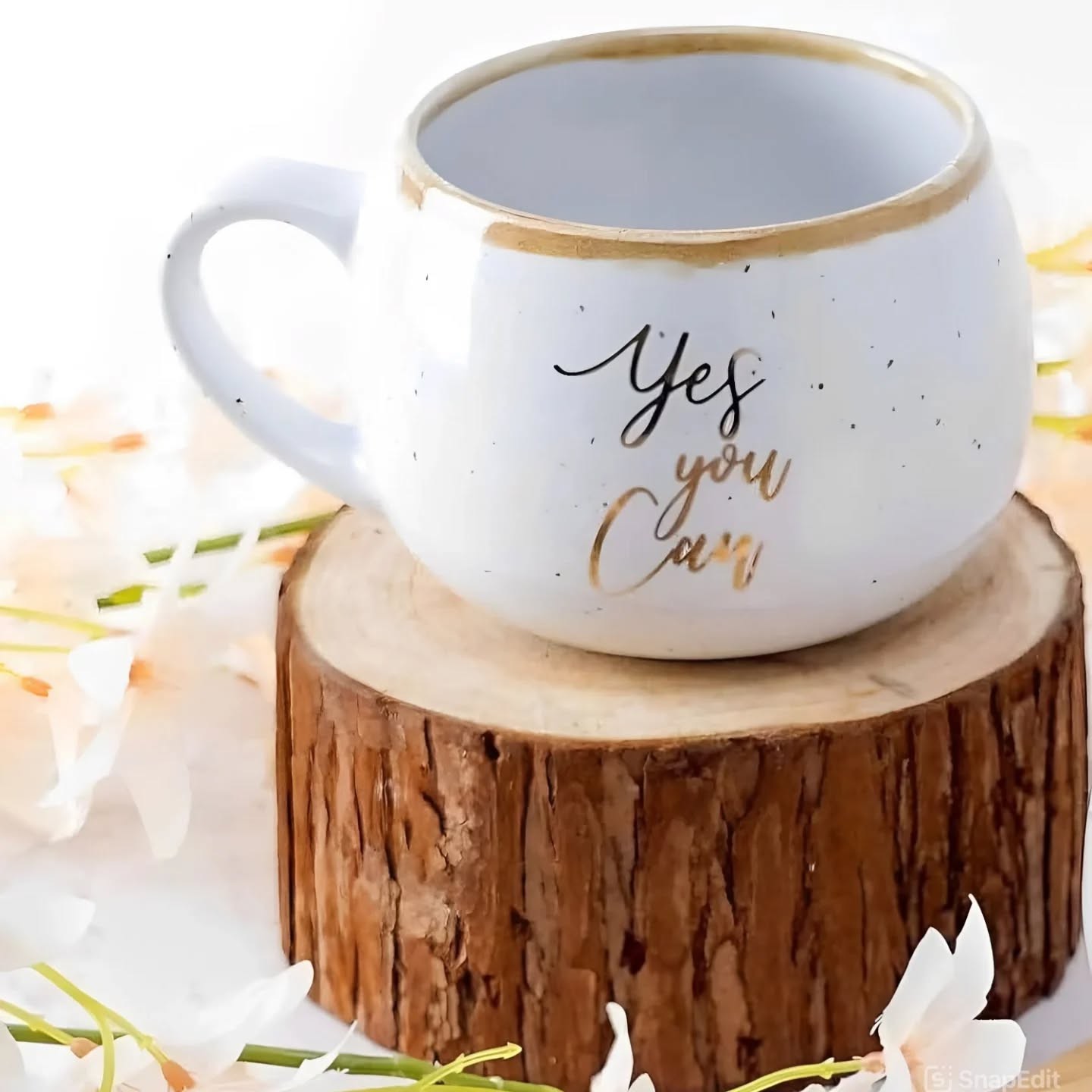 Handcrafted Glazed Ivory & Gold Inspirational Motivational Mugs With Gold Espresso Spoons – view 1
