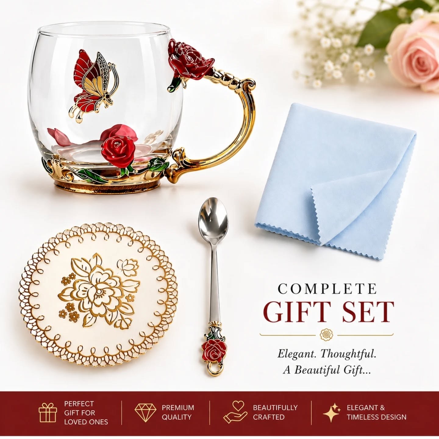 Handmade Enamel & Glass 3D Butterfly & Rose Mug & Spoon Set (11oz) – view 1