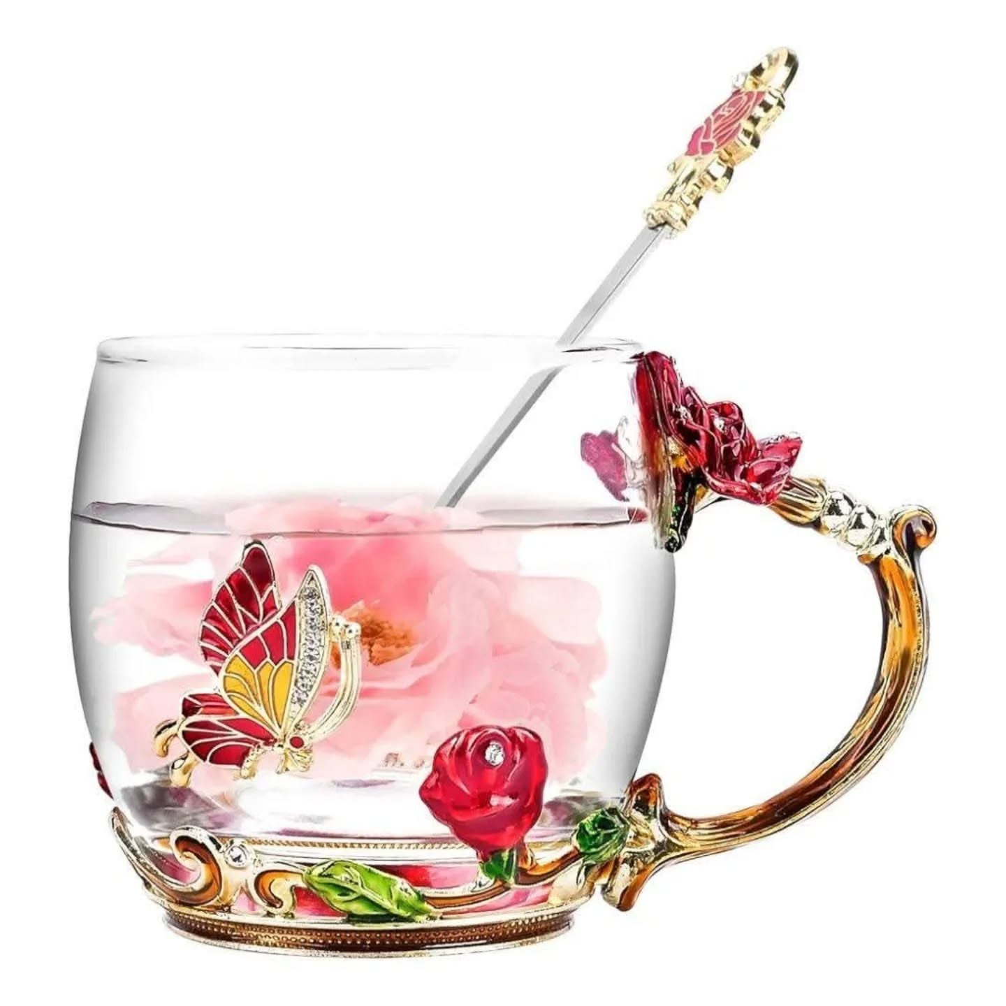 Handmade Glass & Enamel Butterfly Flower Tea Cup – view 1