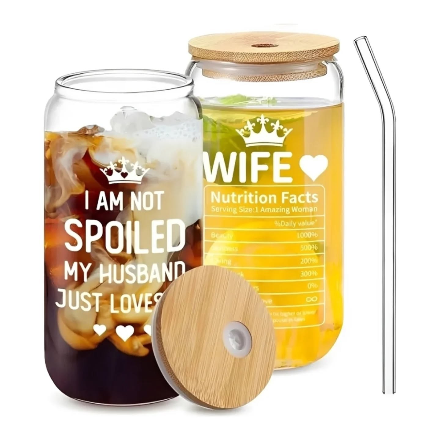 I Am Not Spoiled, My Husband Just Loves Me Glass Cup With Bamboo Lid & Glass Straw (18oz) – view 1