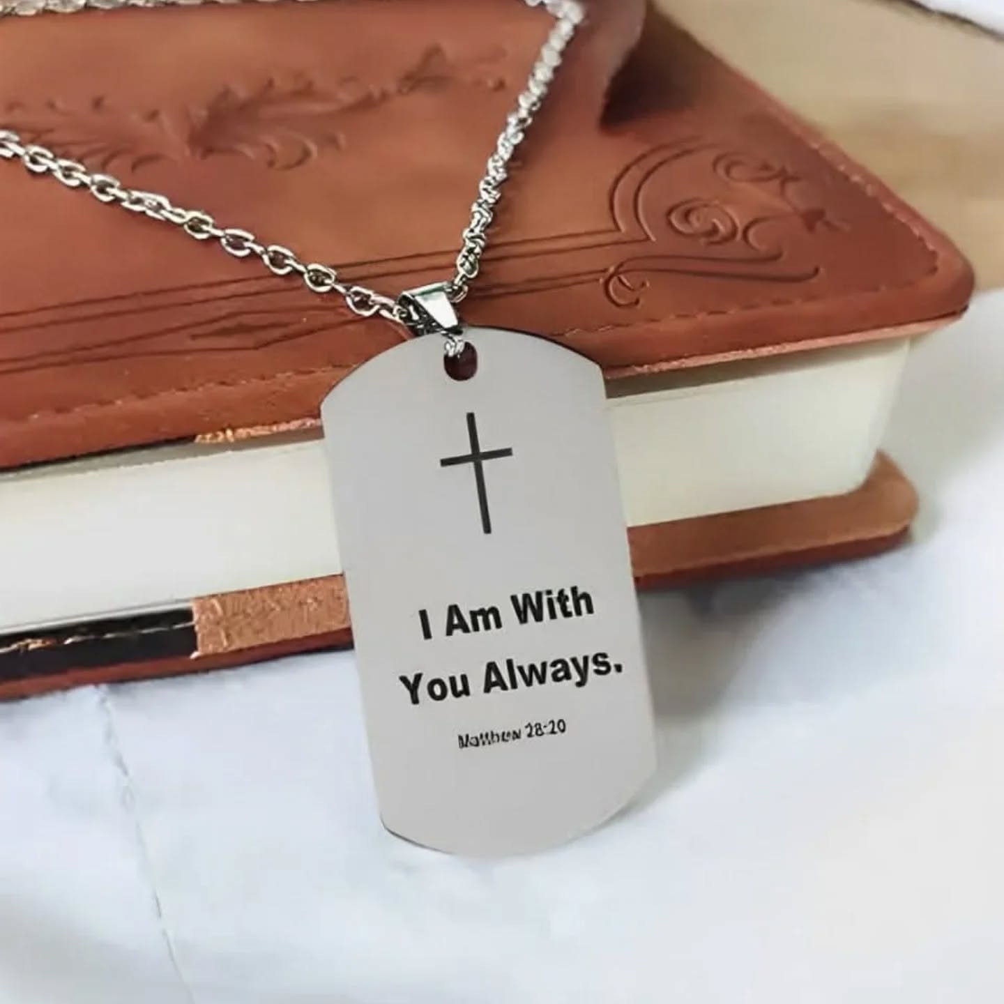 I Am With You Always (Matthew 28:20) Mantra/Affirmation Stainless Steel Necklace With Tag Pendant – view 1
