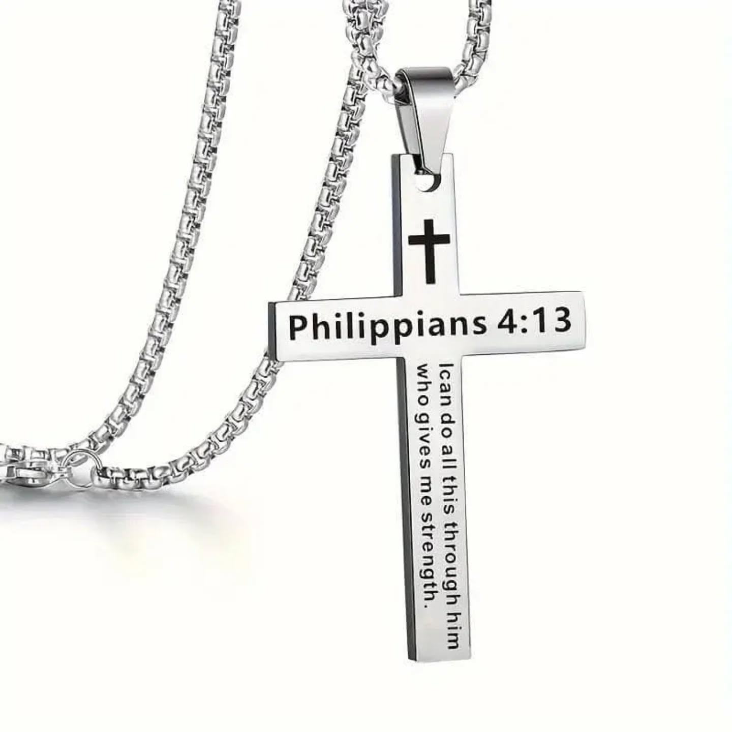 I Can Do All Things Through Christ Who Strengthens (Philippians 4:13) Me Mantra/Affirmation Stainless Steel Motivational Necklace With Cross Pendant – view 1