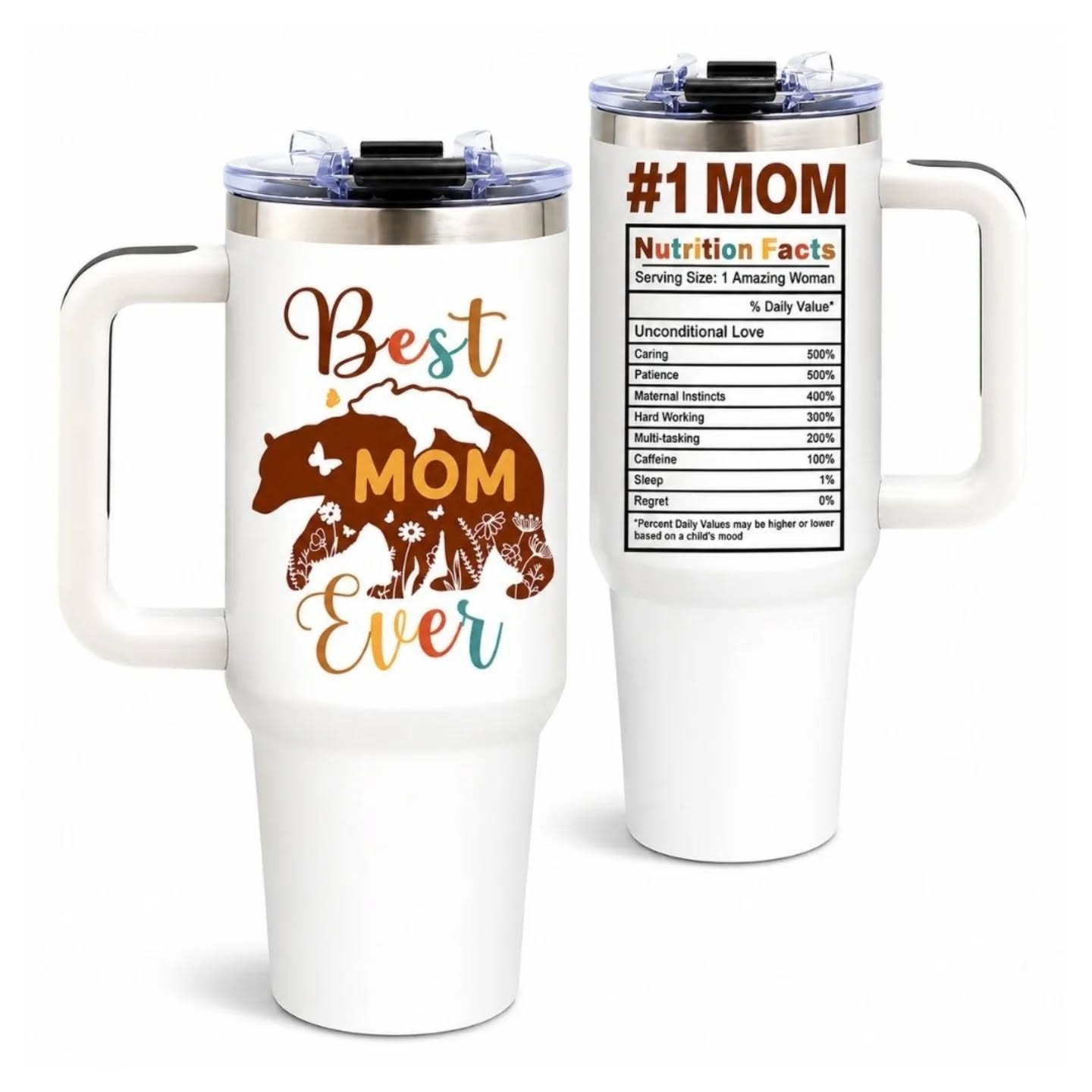 Mama Bear, Best Mom Ever Personality Nutritional Facts Stainless Steel Travel Cup (40oz) – view 1