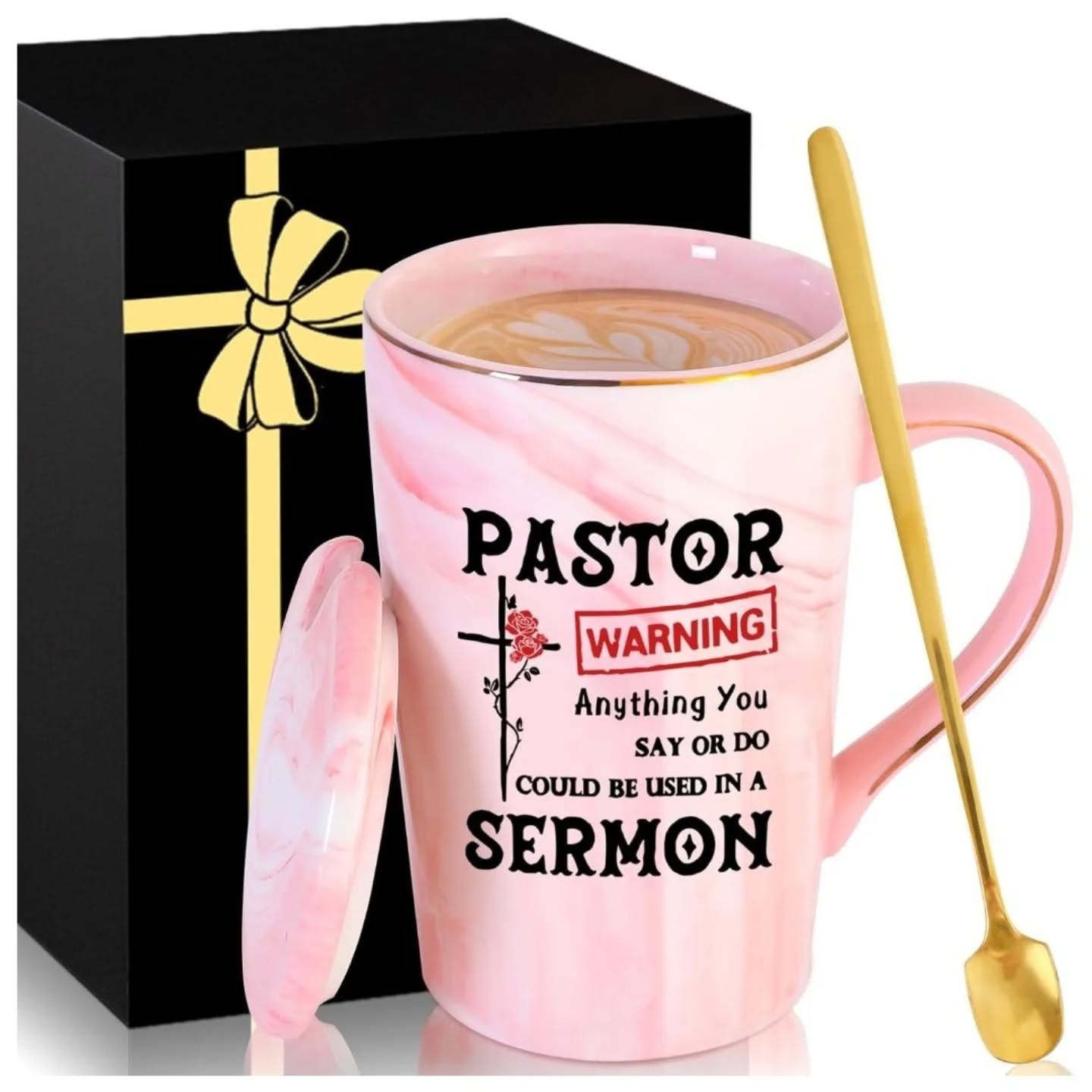 Marble Pink & Gold Mug, Lid & Gold Espresso Spoon Gift Set – view 1