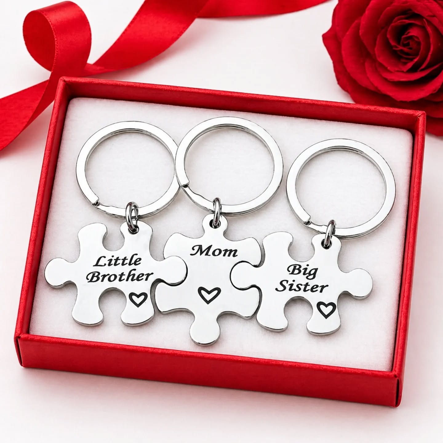 Mom, Big Sister, Little Brother Family 3 Piece Puzzle Pieces Stainless Steel Keychain Set – view 1