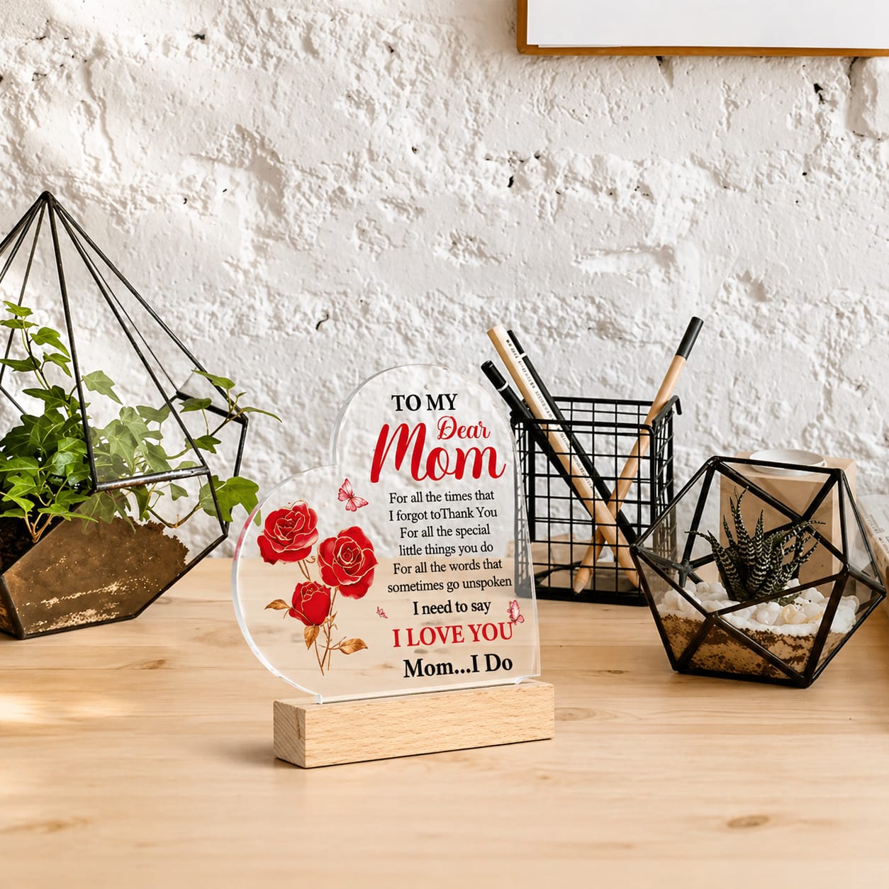 Mom Heart Appreciation Plaque With Wooden Base – view 1