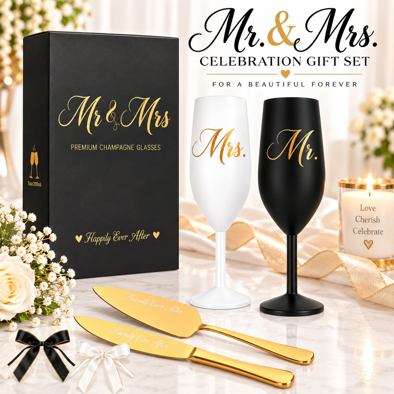 Mr & Mrs Champagne Flute & Cake Server Set – view 1