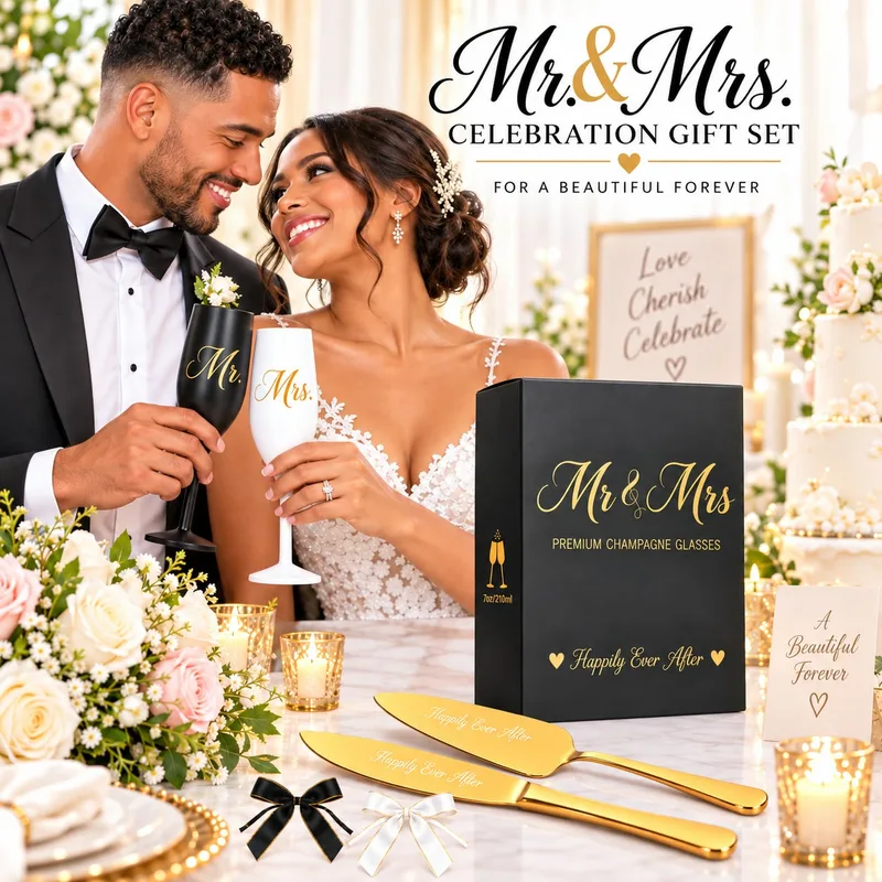 Mr & Mrs Champagne Flute & Cake Server Set