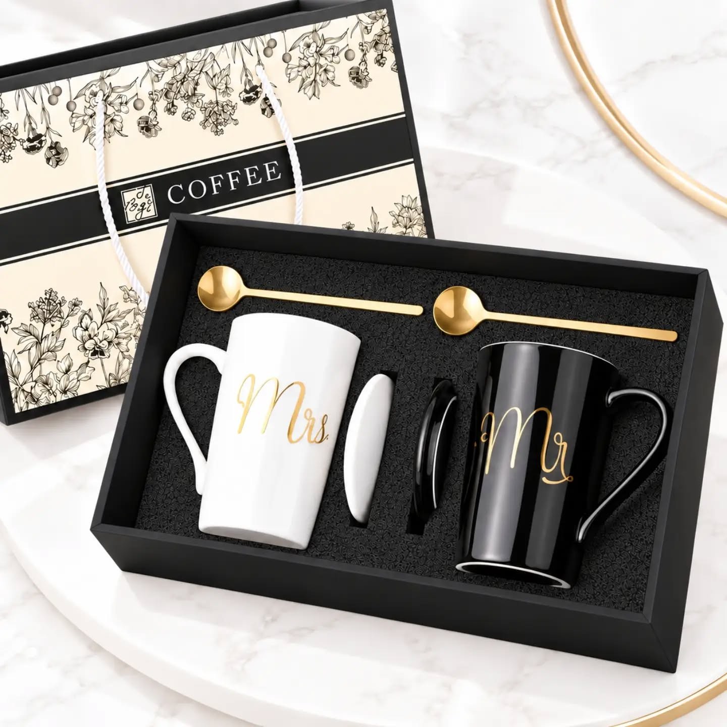 Mr. & Mrs. Ivory, Black & Gold Ceramic Mug Gift Set (14oz each) With Lids & Stainless Steel Gold Spoons – view 1