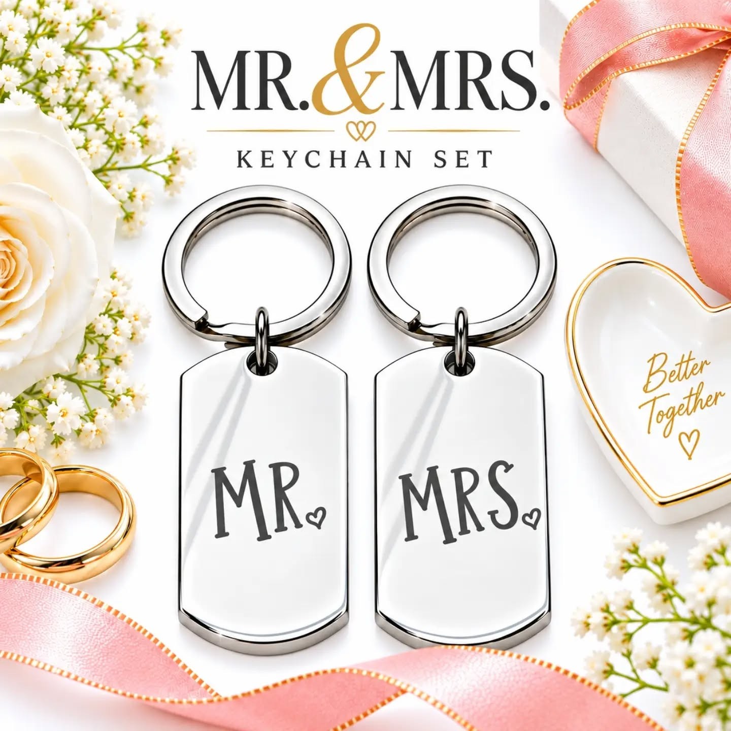 Mr. & Mrs. Stainless Steel Keychain Set – view 1