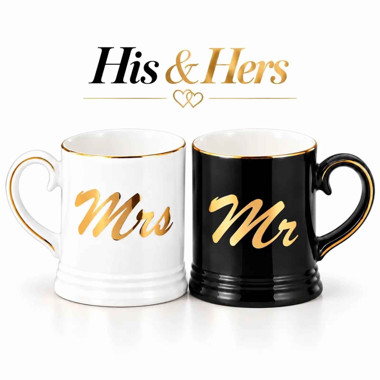 Mr & Mrs Vintage Elegance Ivory, Black & Gold Ceramic Mug Set (10oz) – view 1