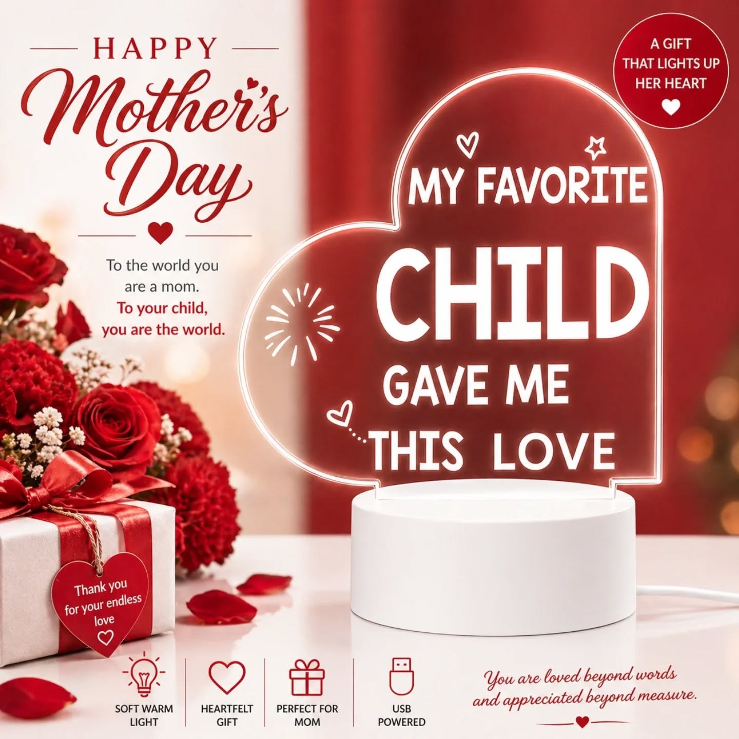 My Favorite Child Gave Me This Love Engraved LED Night Heart Light – view 1