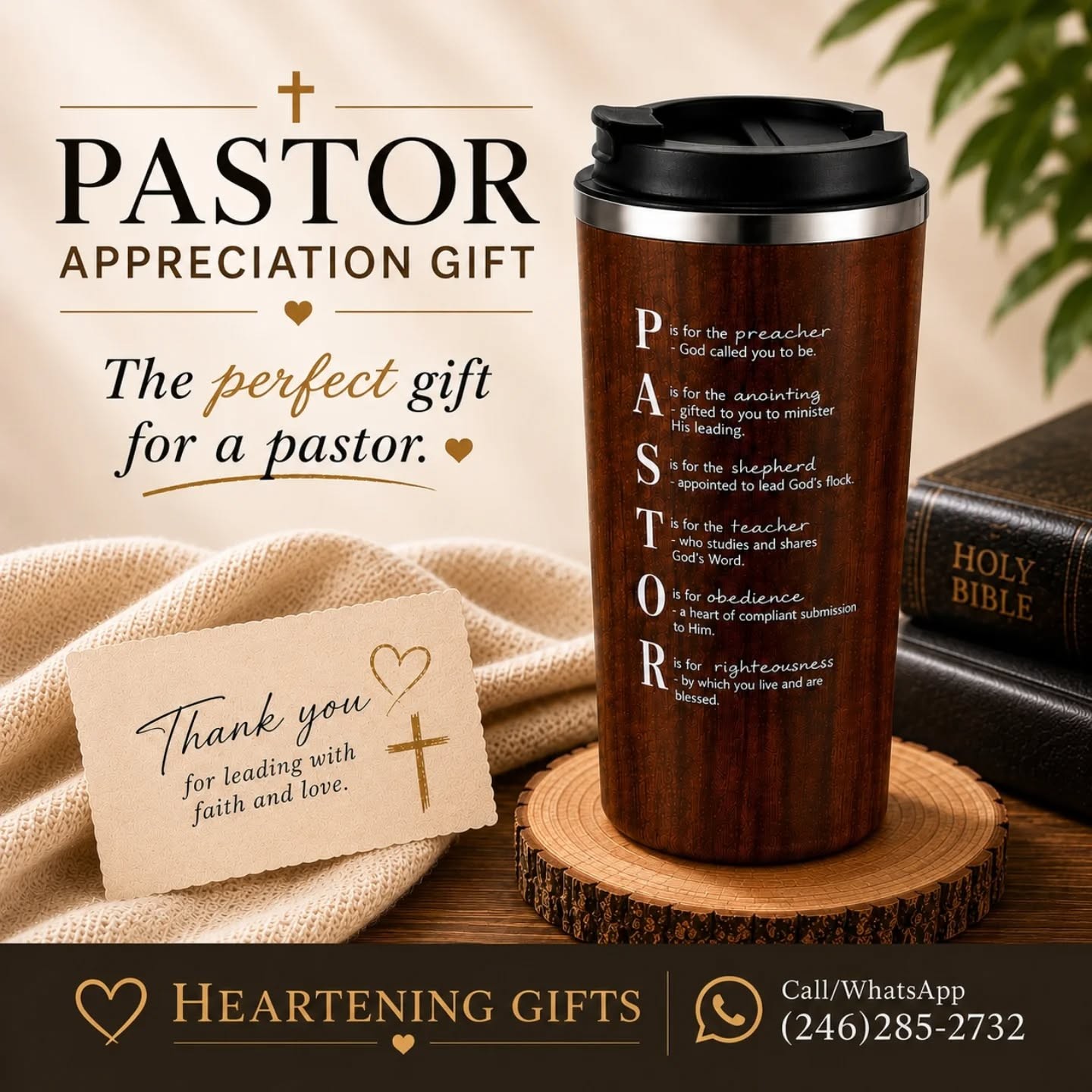 Pastor Appreciation Stainless Steel Travel Tumbler (17oz), Mahogany Brown – view 1