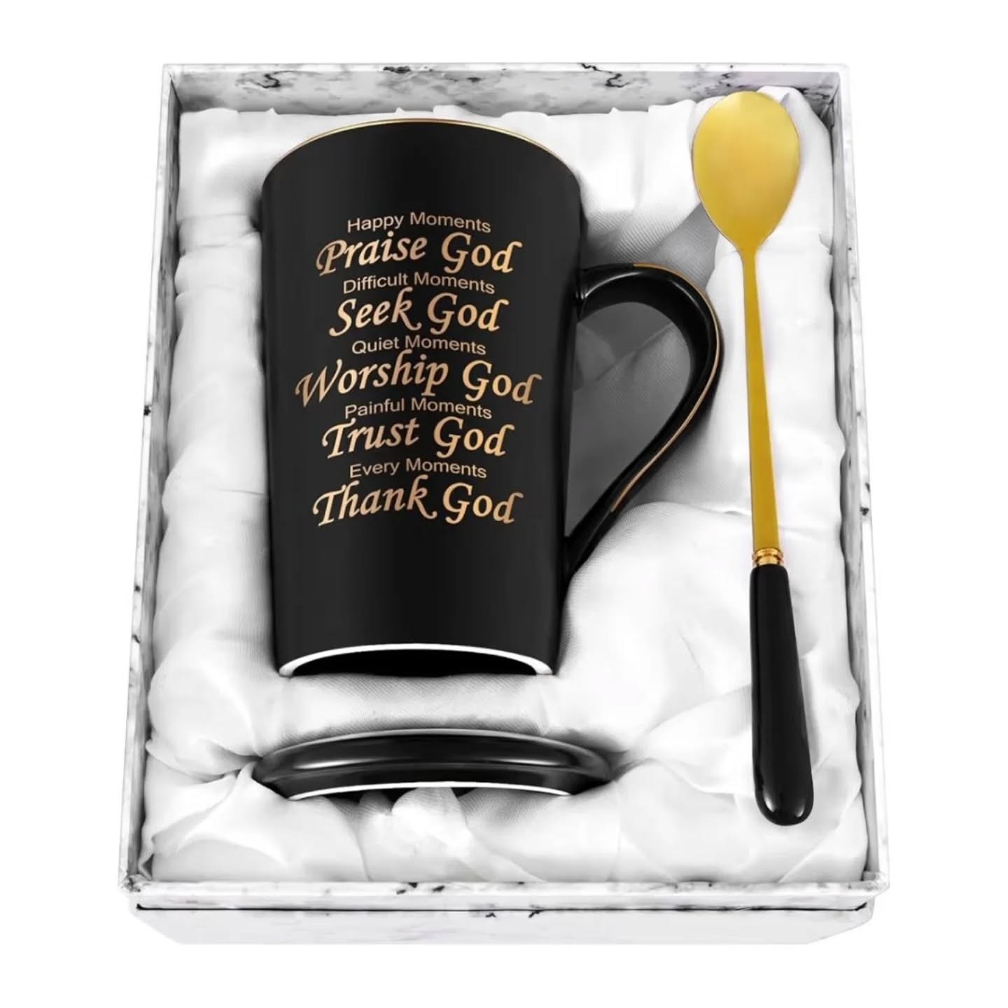 Praise God, Seek God, Thank God Black & Gold Mug – view 1