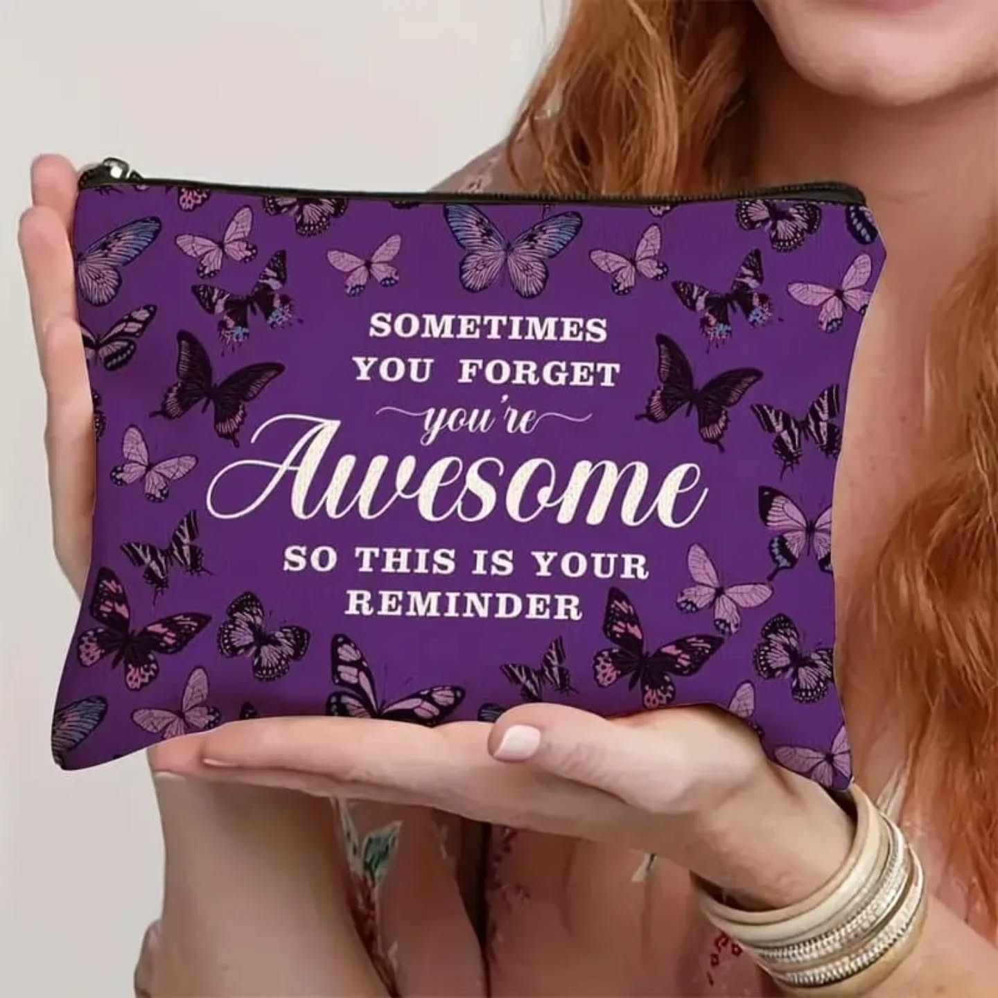 Sometimes You Forget You're Awesome So This Is Your Reminder Canvas Appreciation Pouch – Purple Butterflies – view 1