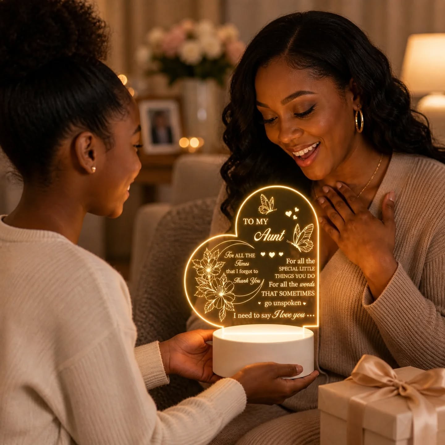 To My Aunt, Thank You, I Love You, Engraved LED Night Heart Light – view 1