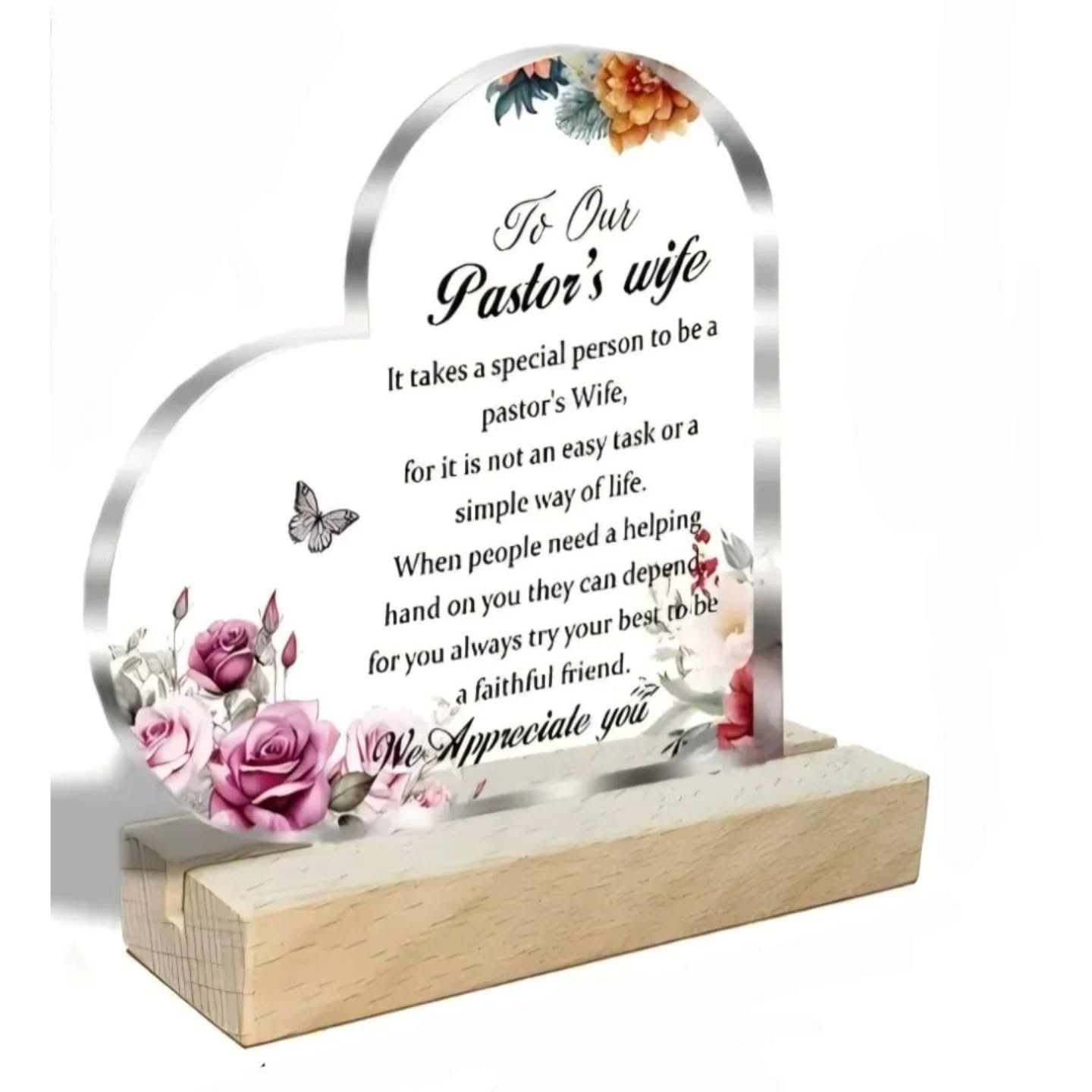 To Our Pastor's Wife, We Appreciate You Mini Heart Plaque With Wooden Base – view 1