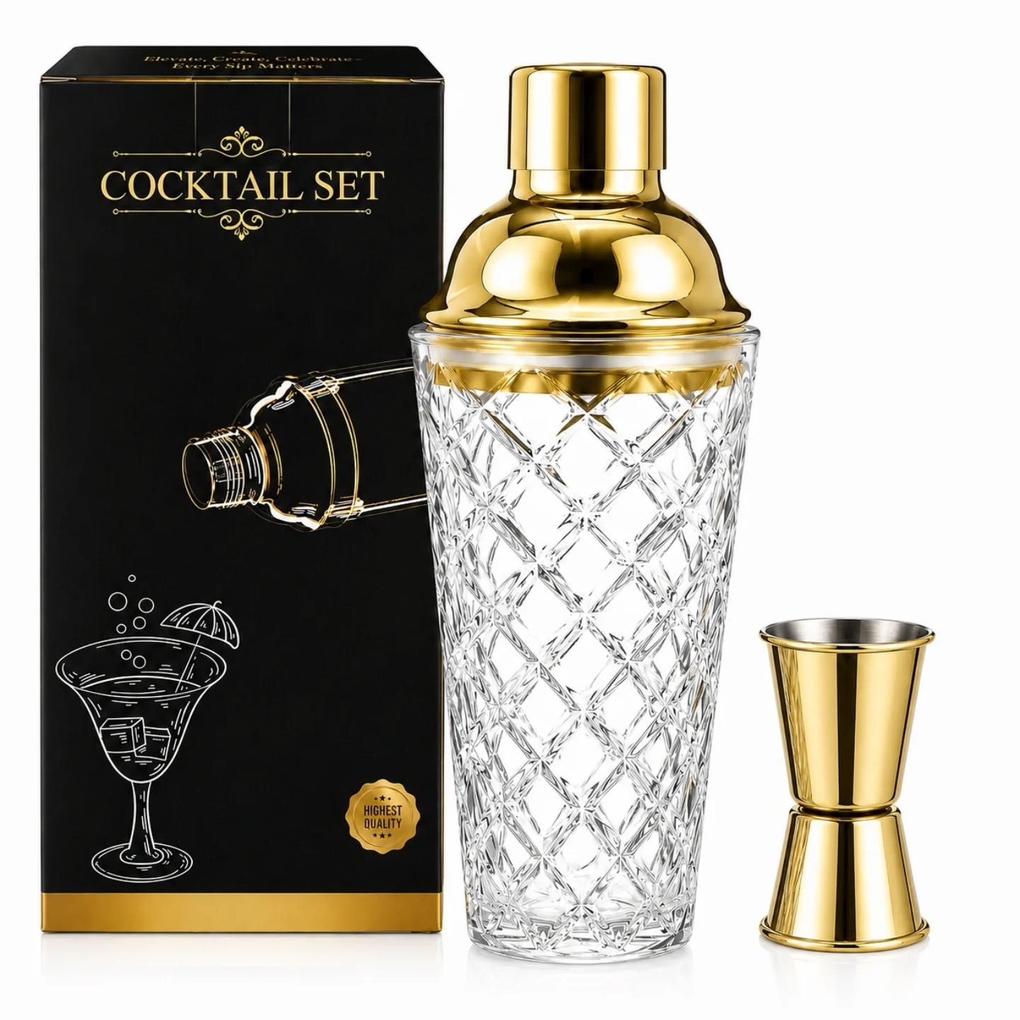 Vintage Styled Gold & Glass Cocktail Shaker Set – view 1