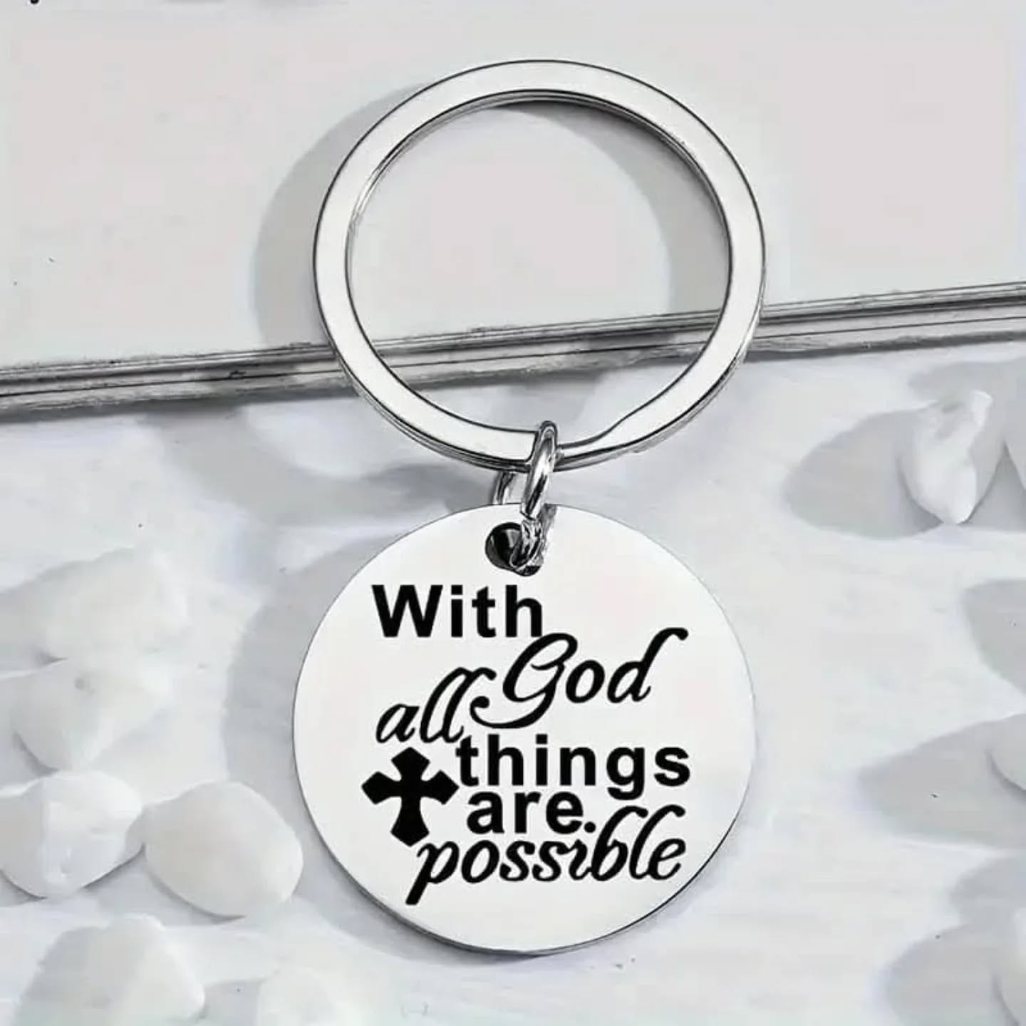 With God All Things Are Possible Stainless Steel Motivational Keychain – view 1