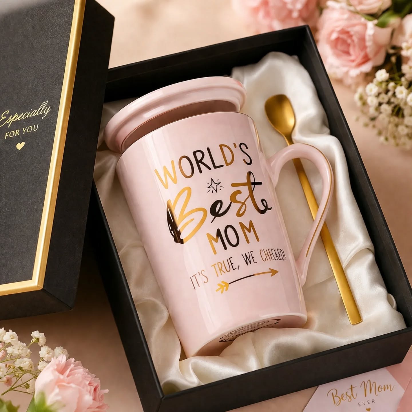 World's Best Mom, It's True We Checked Pink & Gold Large Capacity 14oz Mug & Coaster With Gold Spoon Gift Set – view 1